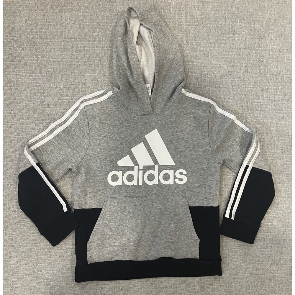 Adidas Hoodie Boys M 10-12 Gray Black and White Sweatshirt  3 Stripes Youth